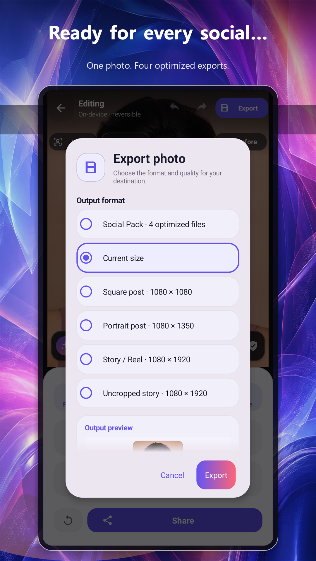 LumaEdit social export dialog
